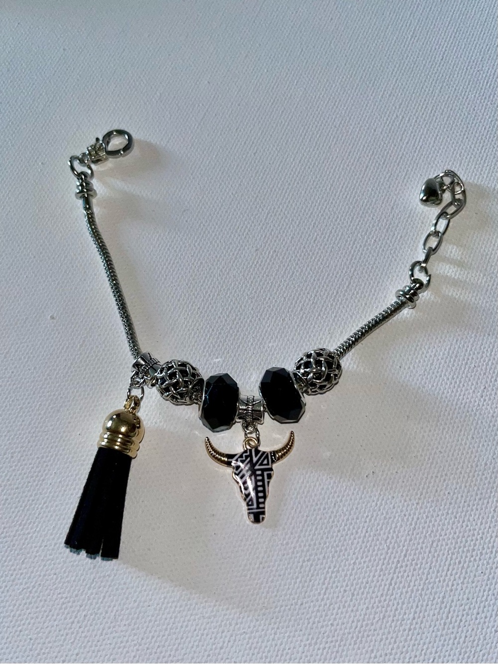 Silver Snake Charm Bracelet w/Black & Silver Beads, Gold Tassel & Bull Pendant